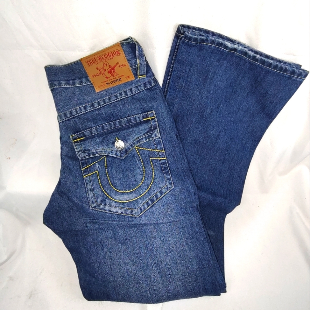 True Religion World Billy SuperT Jeans Mens 34 Bootcut Med Wash Flap Pocket